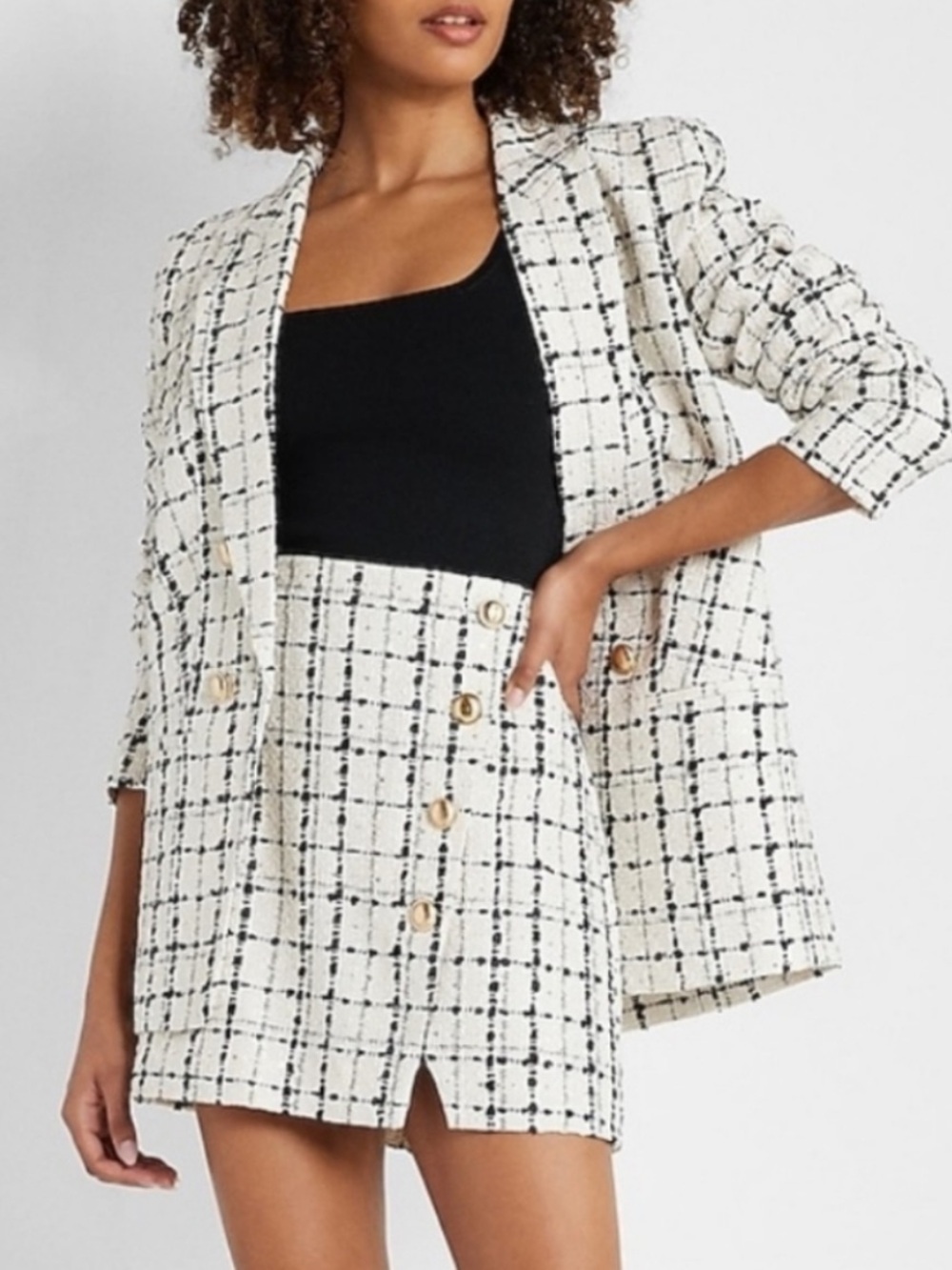EXPRESS Plaid Tweed Boyfriend Blazer & High
Waisted Button Mini Skirt suit